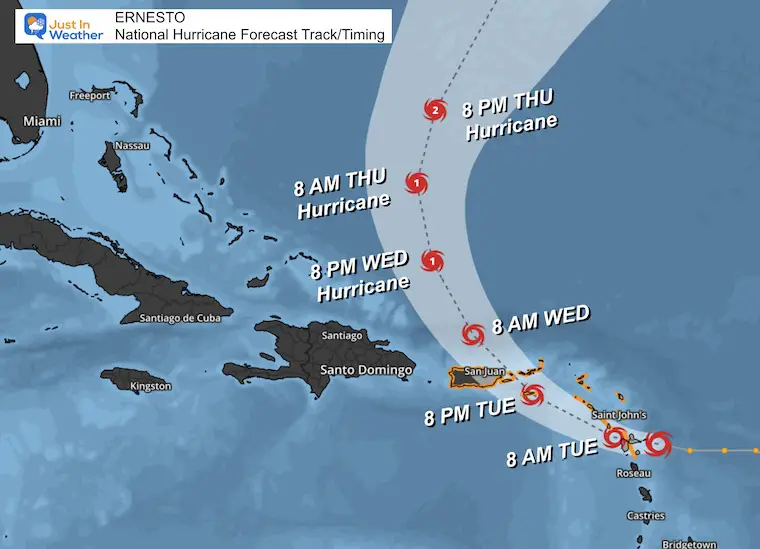 August 13 Tropical Storm Ernesto forecast track