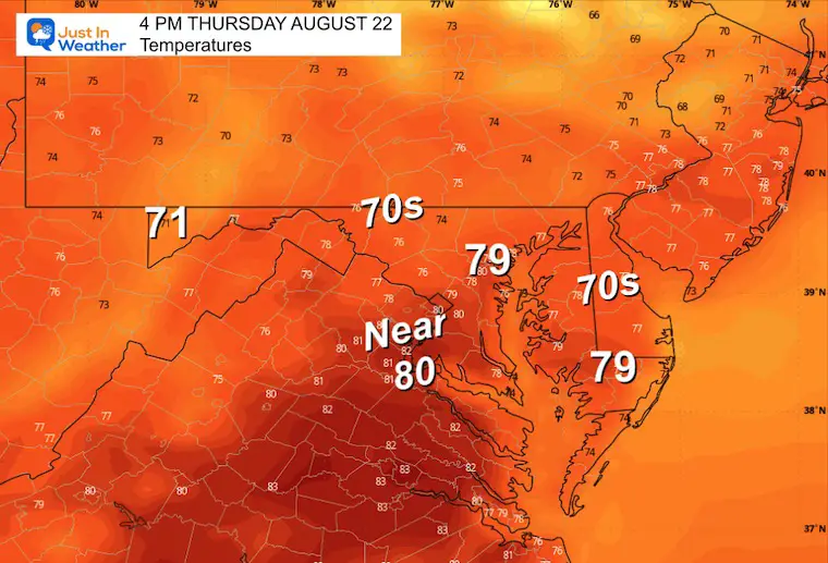 August 21 weather forecast temperatures Thursday afternoon