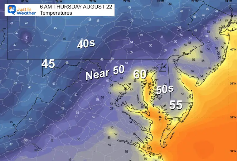 August 21 weather forecast temperatures Thursday morning