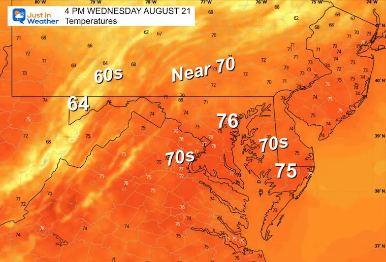 August 21 weather temperatures Wednesday afternoon