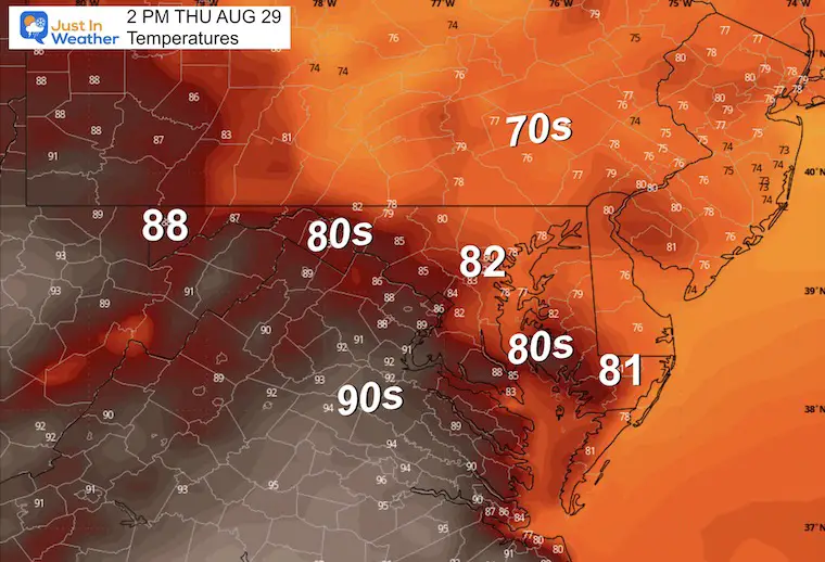 August 28 weather forecast temperatures Thursday afternoon