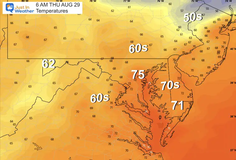 August 28 weather forecast temperatures Thursday morning