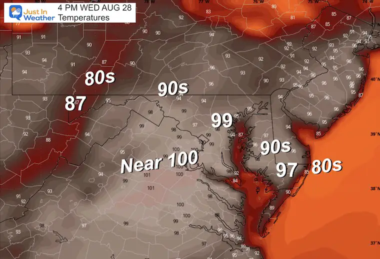 August 28 weather forecast temperatures Wednesday afternoon