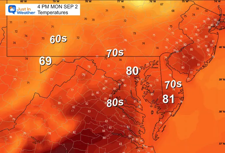 September 1 weather temperature forecast Labor Day Monday afternoon