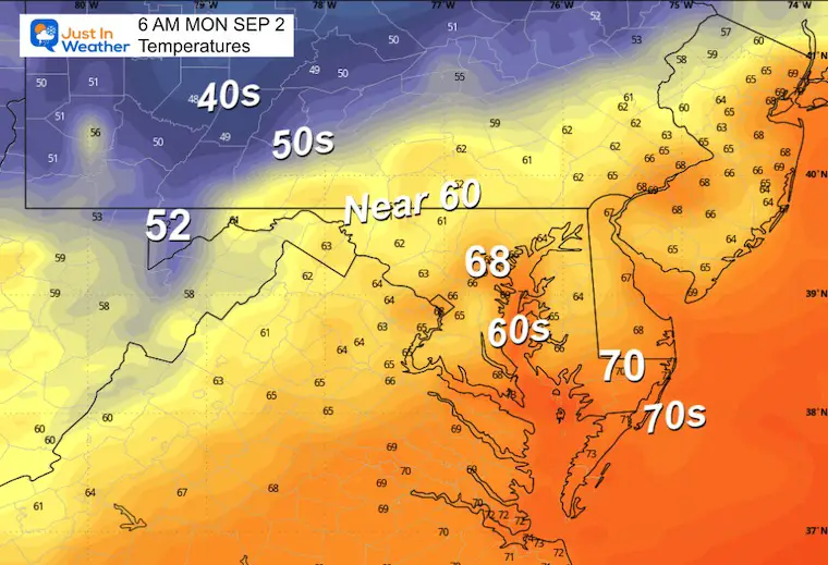 September 1 weather temperature forecast Labor Day Monday morning