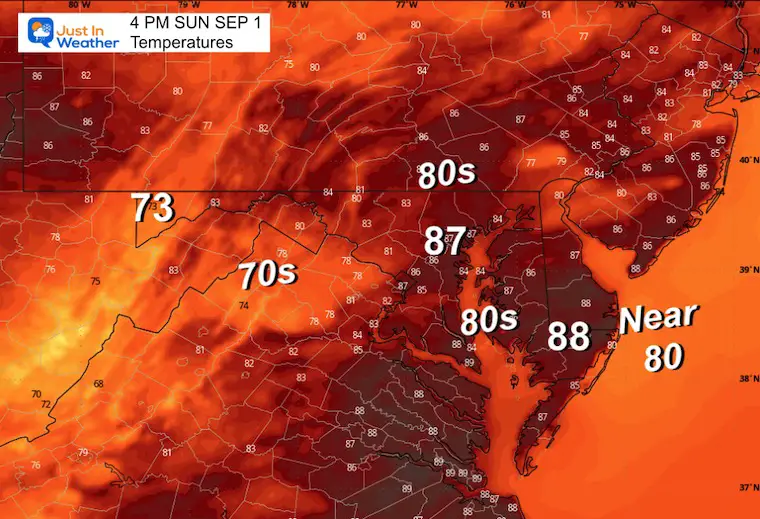 September 1 weather temperature forecast Labor Day Sunday afternoon