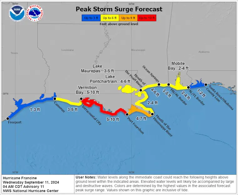 September 11 Hurricane Francine Peak Storm Surge