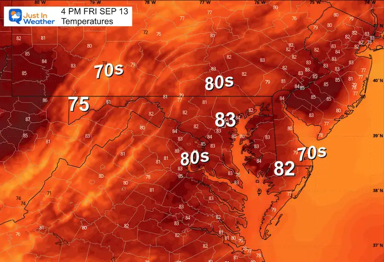 September 13 weather forecast temperatures Friday afternoon