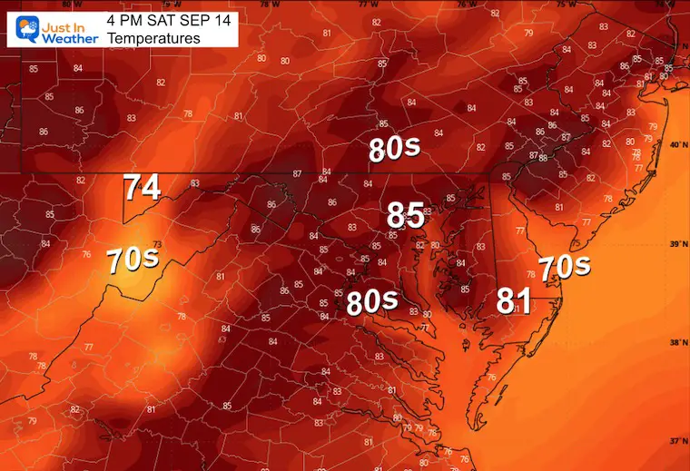 September 13 weather forecast temperatures Saturday afternoon