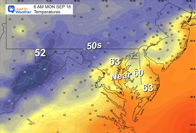 September 15 weather temperatures Monday morning