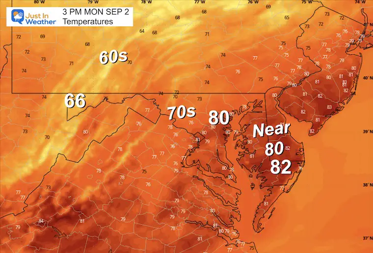 September 2 weather forecast temperatures Monday Labor Day afternoon