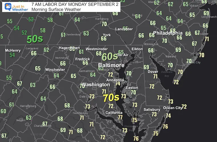 September 2 weather temperatures Monday Labor Day morning