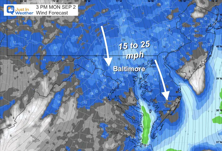 September 2 weather wind forecast Monday Labor Day afternoon