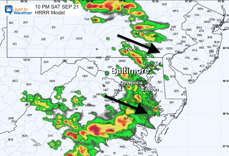 September 21 weather storm radar Saturday 10 PM HRRR