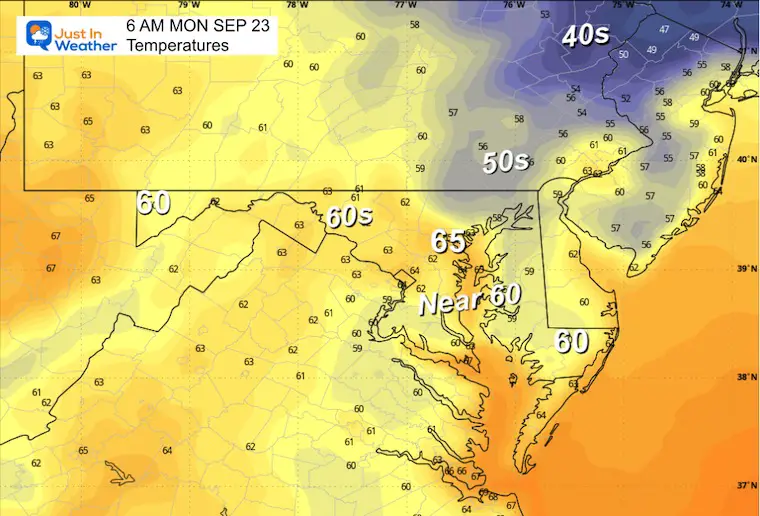 22 September Weather forecast Temperatures Monday morning