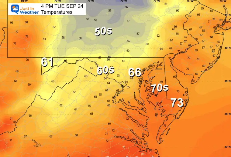 September 23 weather forecast temperatures Tuesday afternoon