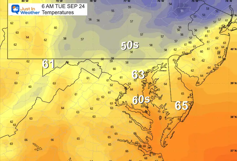 September 23 weather forecast temperatures Tuesday morning 