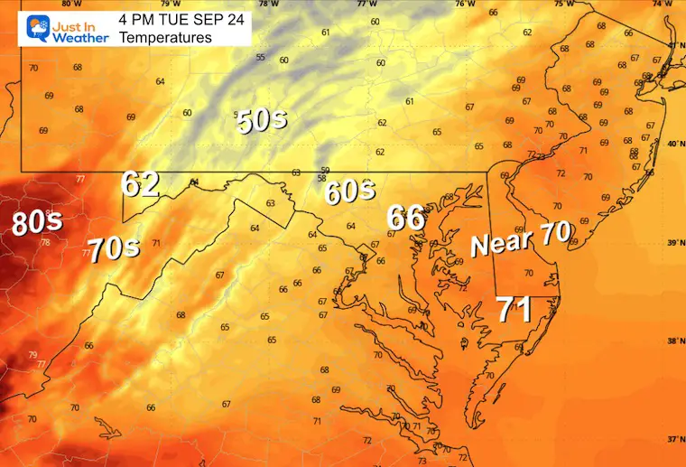 September 24 weather forecast temperatures Tuesday afternoon