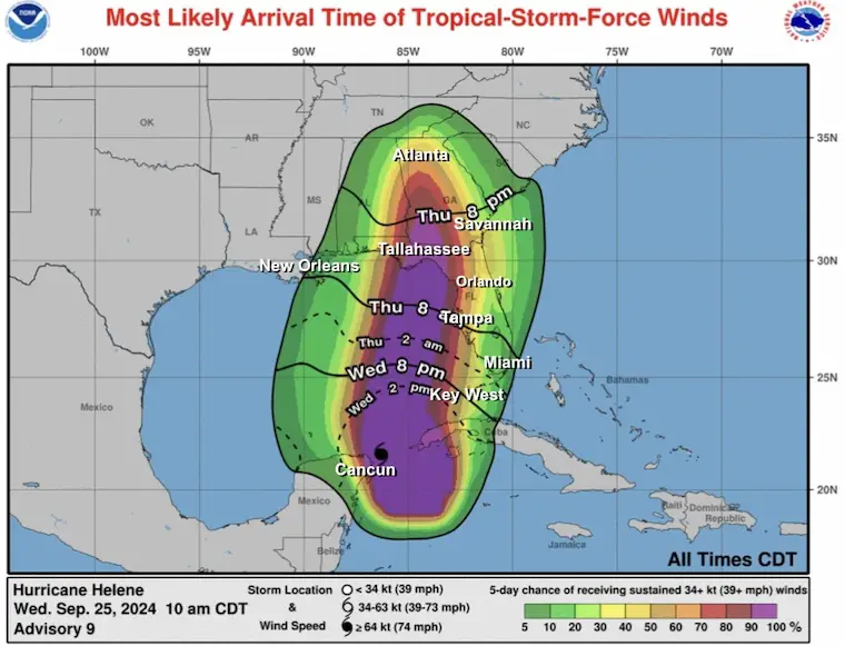 September 25 Hurricane Helene wind arrival time