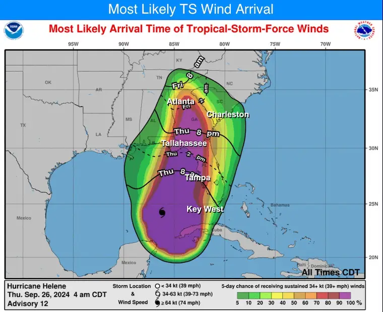 September 26 Hurricane Helene Wind Arrival times