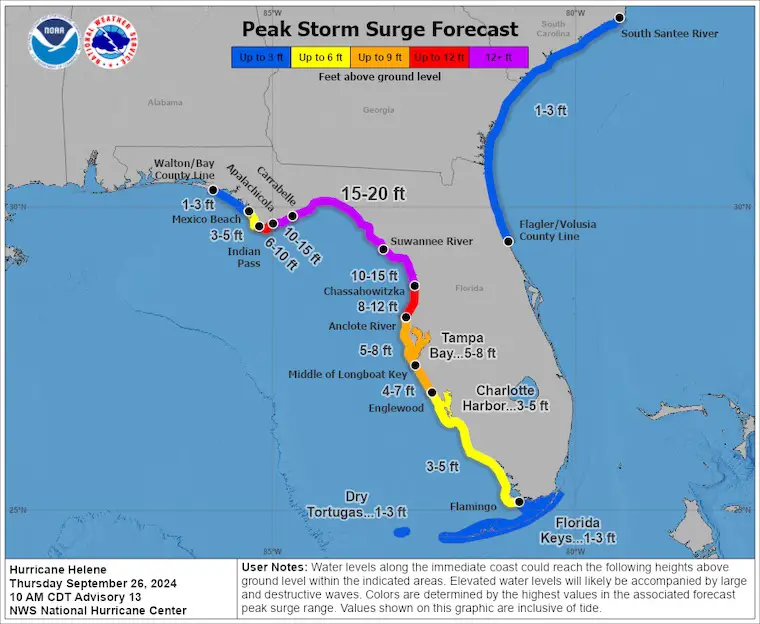 September 26 Hurricane Helene Storm Surge map Florida