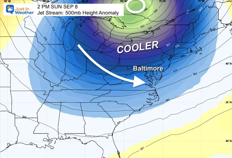 September 4 weather forecast jet stream Sunday Cooler