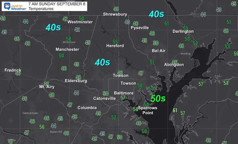 September 8 weather temperatures Sunday morning central Maryland