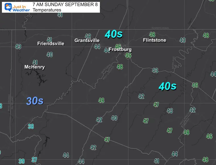 September 8 weather temperatures Sunday morning western Maryland