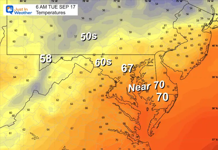 September 16 weather temperatures Tuesday morning