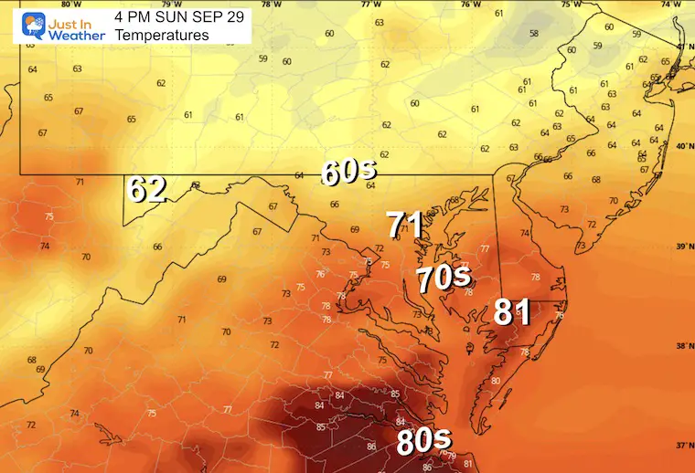 September 29 weather forecast temperatures Sunday afternoon