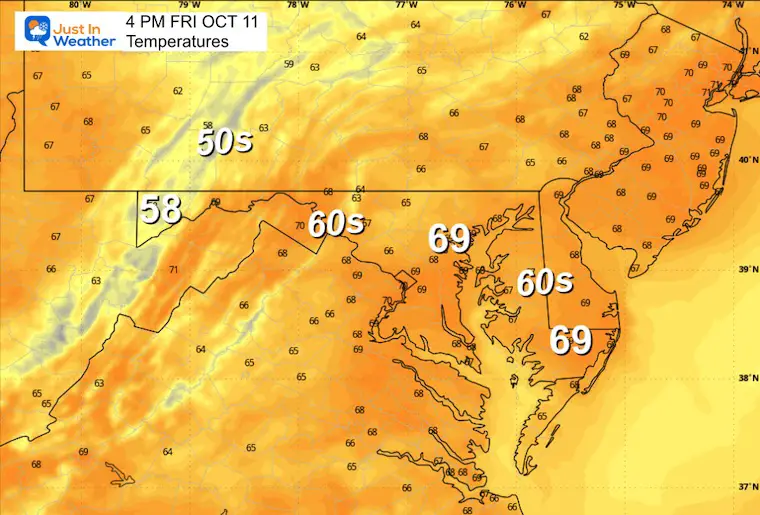 October 11 weather temperatures Friday afternoon