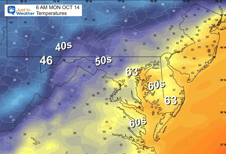 October 13 weather temperatures Monday morning