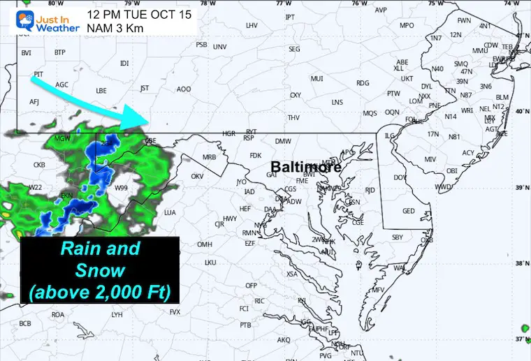 October 14 weather forecast rain snow Tuesday