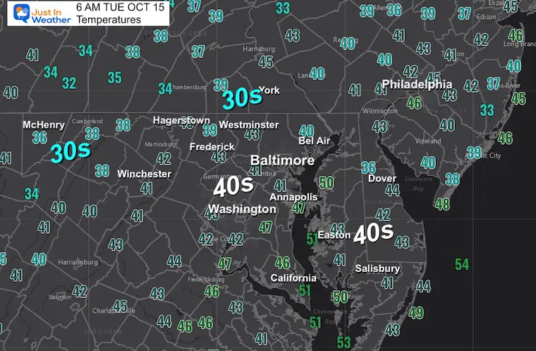 October 15 weather temperatures Tuesday morning Maryland