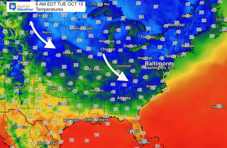 October 15 weather temperatures Tuesday morning Eastern US