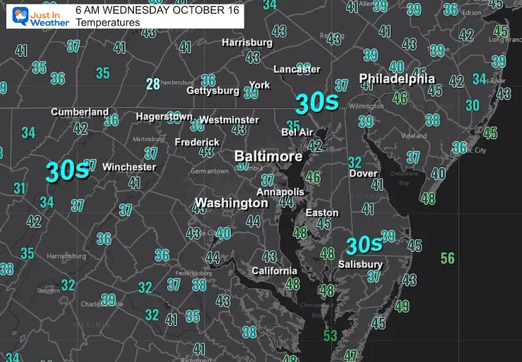 October 16 weather forecast temperatures Wednesday Morning