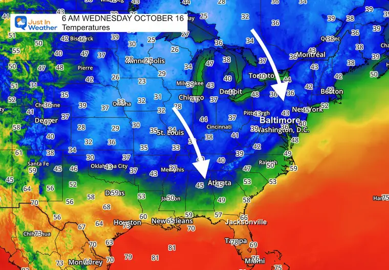 October 16 weather forecast temperatures Wednesday Morning