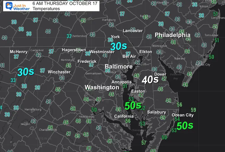 October 17 weather temperatures Thursday morning