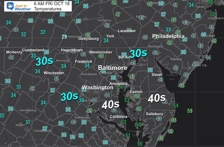 October 18 weather temperatures Friday morning