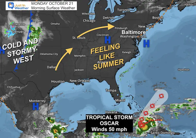 October 21 weather Monday morning Tropical Storm Oscar