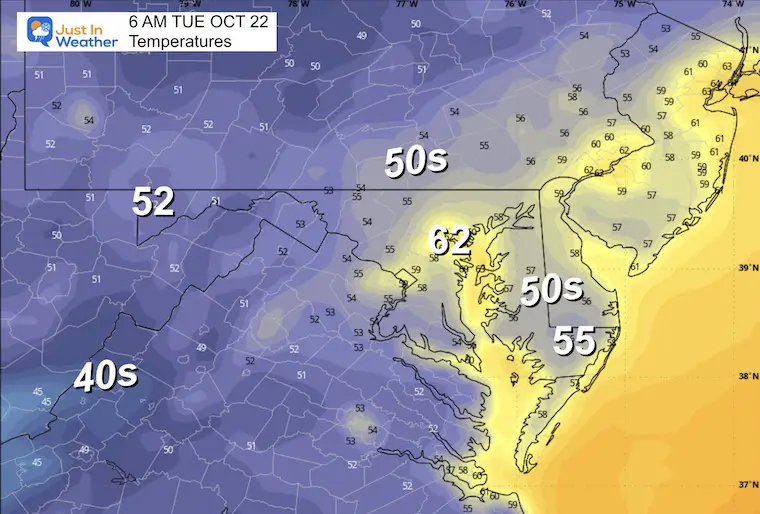 October 21 weather temperatures Tuesday morning