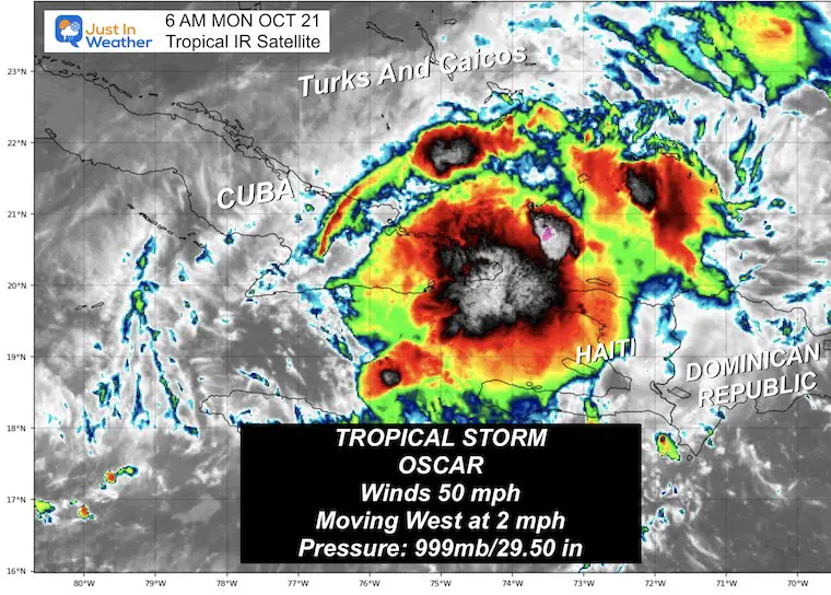 October 21 weather tropical storm Oscar satellite Monday