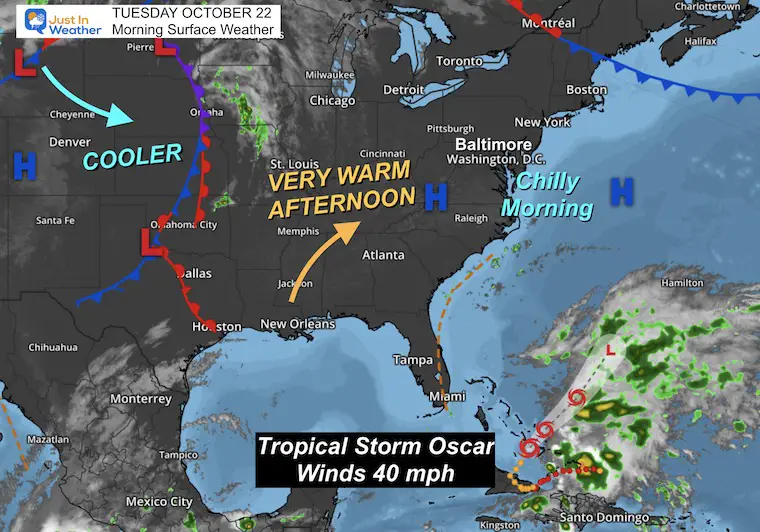 October 22 weather Tuesday morning Hurricane Oscar