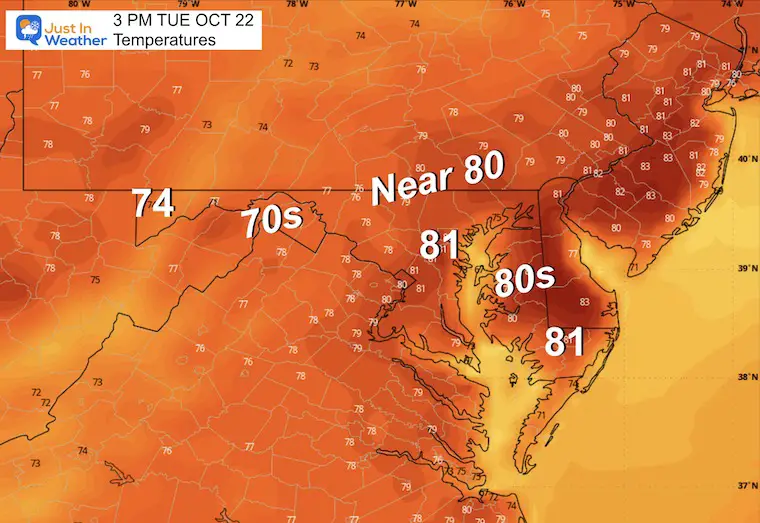 October 22 weather temperatures Tuesday afternoon