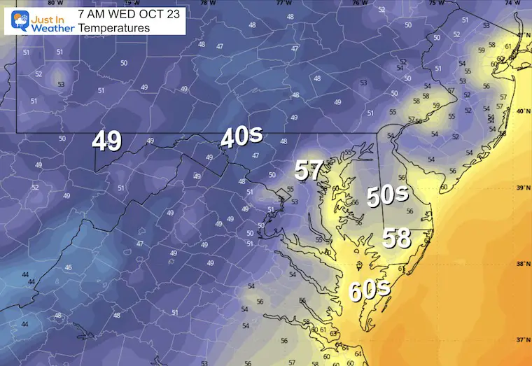 October 22 weather temperatures Wednesday morning