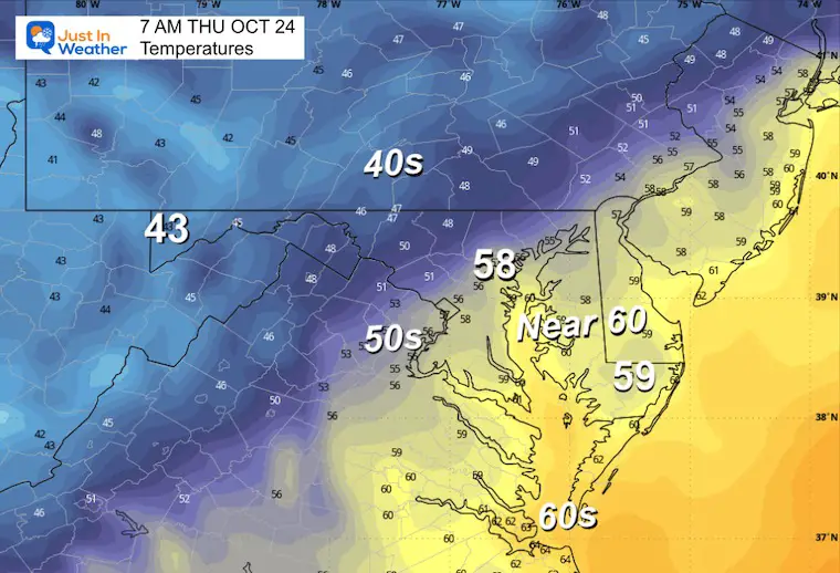 October 23 weather forecast temperatures Thursday morning