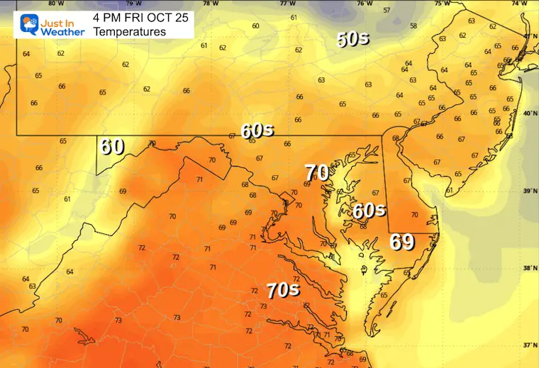 October 25 weather temperatures Friday afternoon