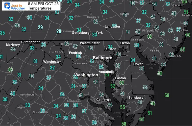 October 25 weather temperatures Friday morning