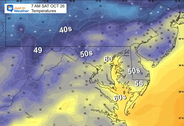 Weather temperatures for October 25th are forecast on Saturday morning