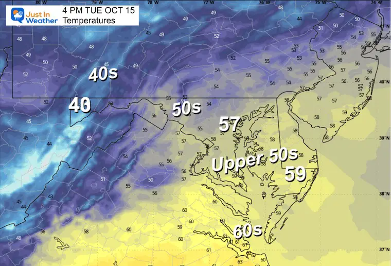 October 15 weather temperatures frost Tuesday afternoon